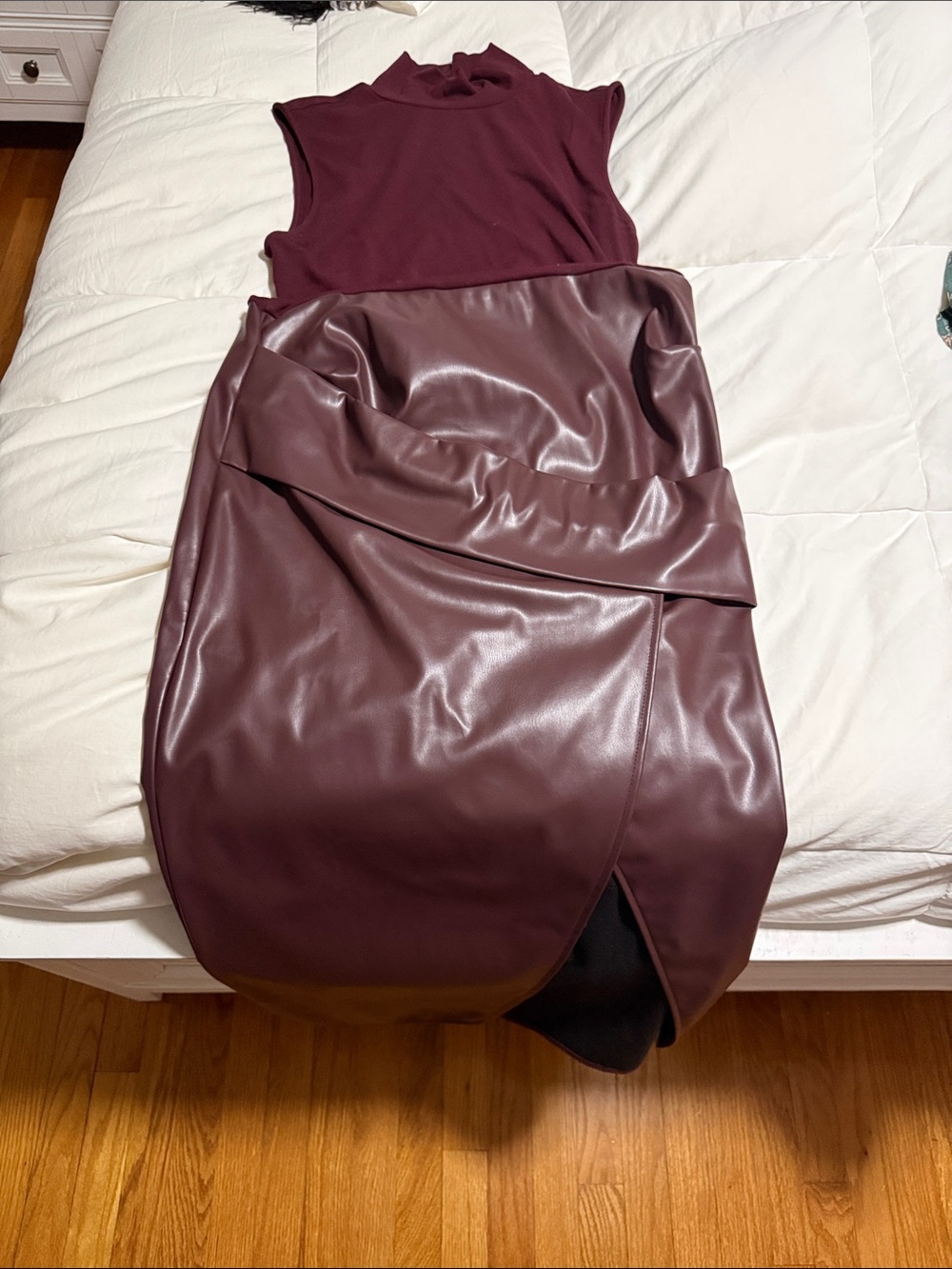Commense Wine Two-Tone Faux Leather Midi Dress